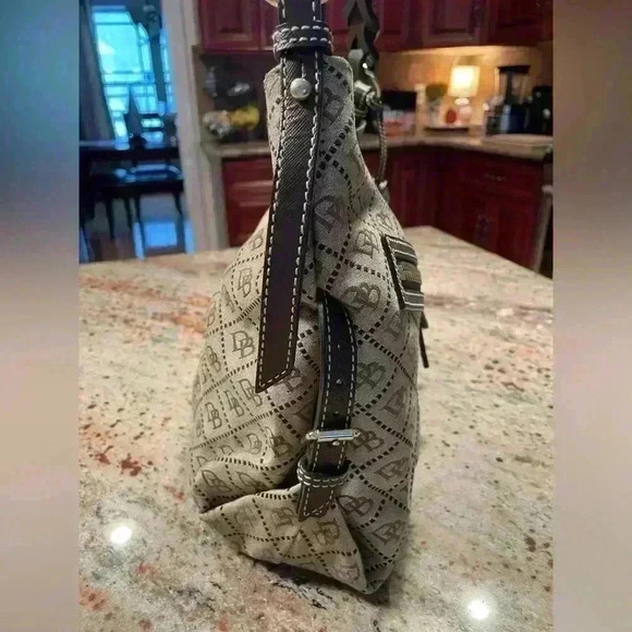 Dooney & Bourke Tan/Brown Jacquard DB Monogram Y2K Hobo Leather Shoulder Bag - Picture 6 of 16